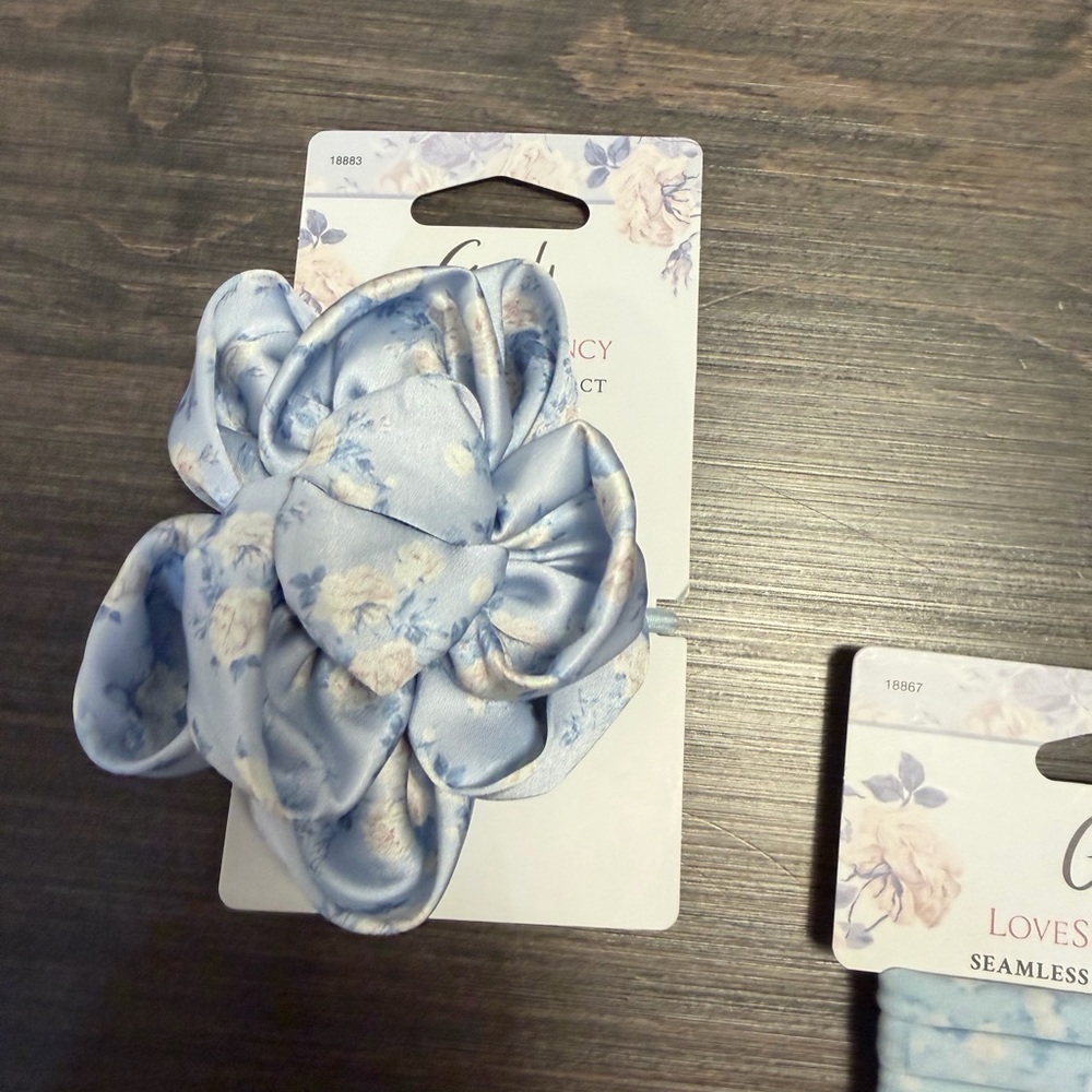 LoveShackFancy Pink & Light Blue Satin Flower Elastics & Blue Seamless Elastics - Picture 3 of 5